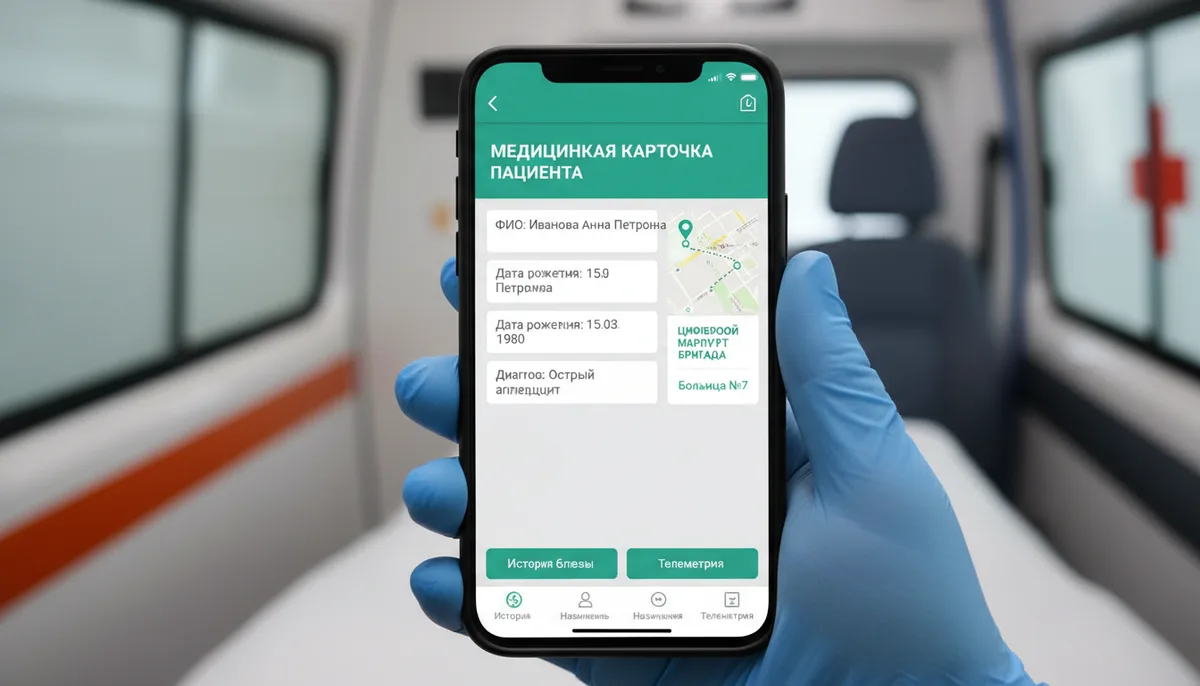 Мобильное приложение на экране смартфона, медицинская карточка пациента, цифровой маршрут бригады
