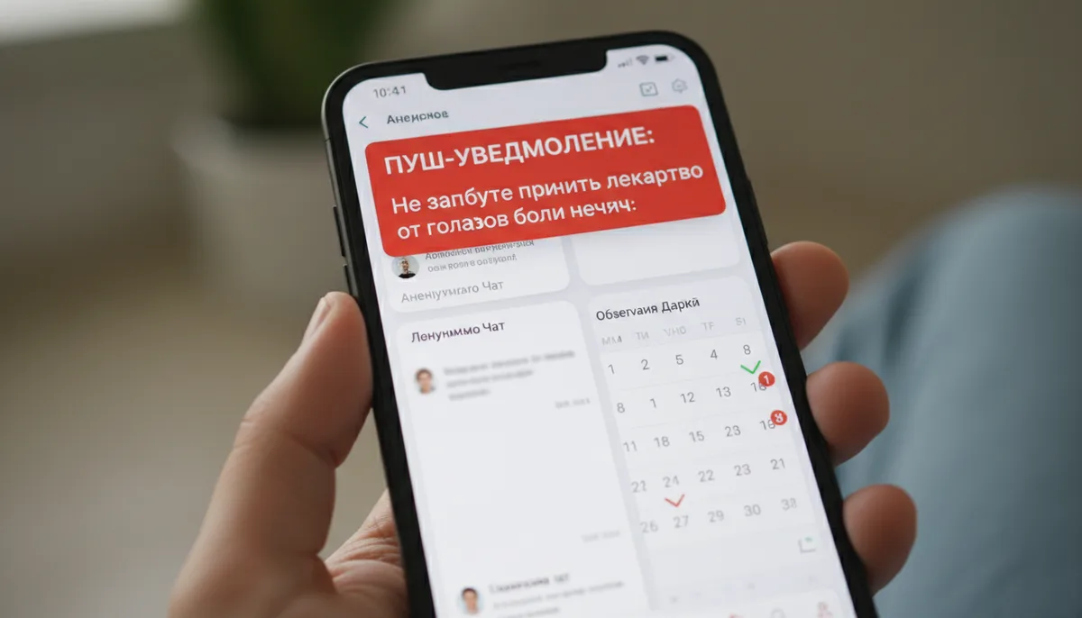 Экран смартфона с медицинским приложением, анонимный чат, дневник наблюдений, пуш-уведомление